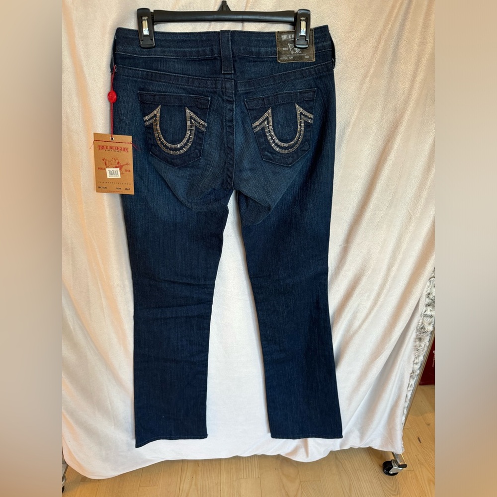 NWT True Religion Dark Wash Straight Leg Denim Jeans Bronze Eyelet Sequin Pocket